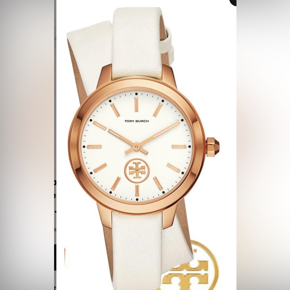 Tory Burch Rose Gold/White collins leather strap 38mm watch